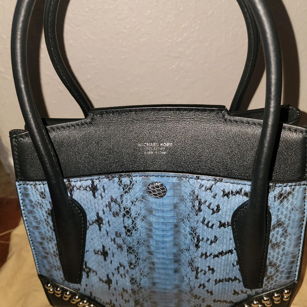 Michael Kors Collection Blue and Black Studded Python-Print Leather Satchel - Picture 2 of 9